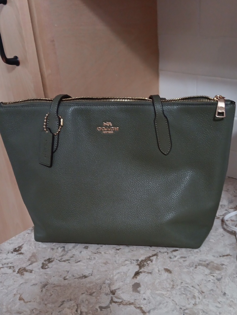 Coach Olive Green Leather Tote with Gold-Tone Details